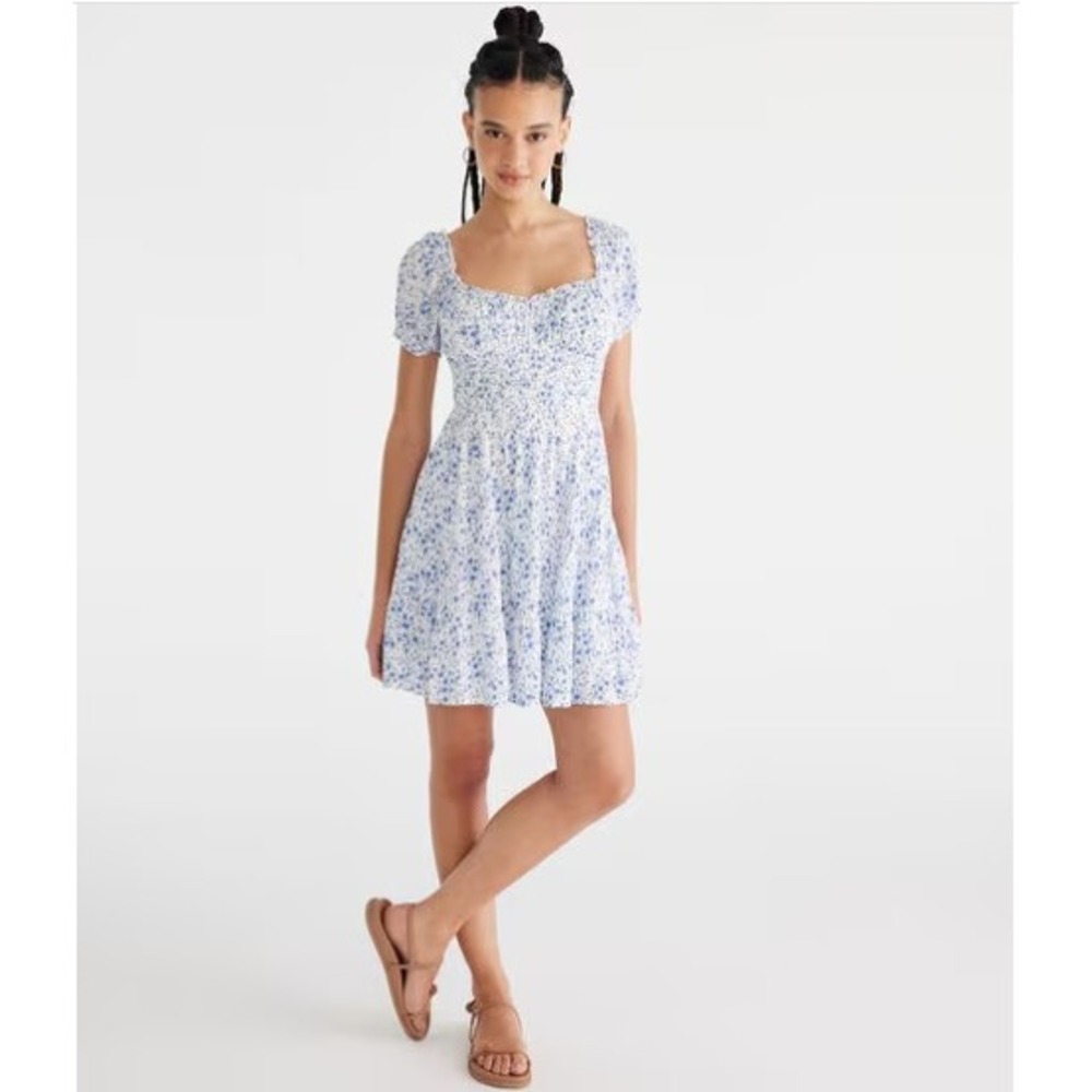 Aeropostale Womens Blue Floral Smocked Tiered Puff Sleeve Mini Dress L